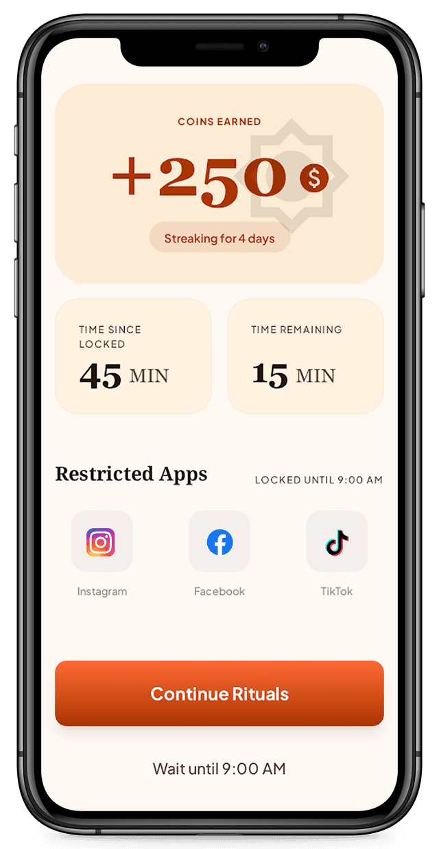 Matinal app screenshot showing coins, streaks and impact dashboard